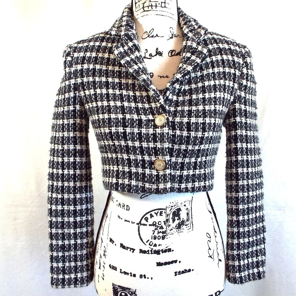 Zara Cropped Wool Tweed Black, White, and Gray Patterned Blazer Size XS